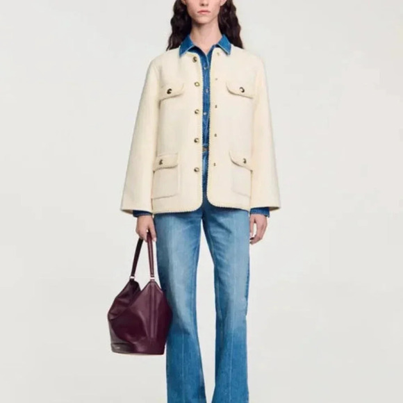 Sandro Cream Preppy Coat with Braided Trim
